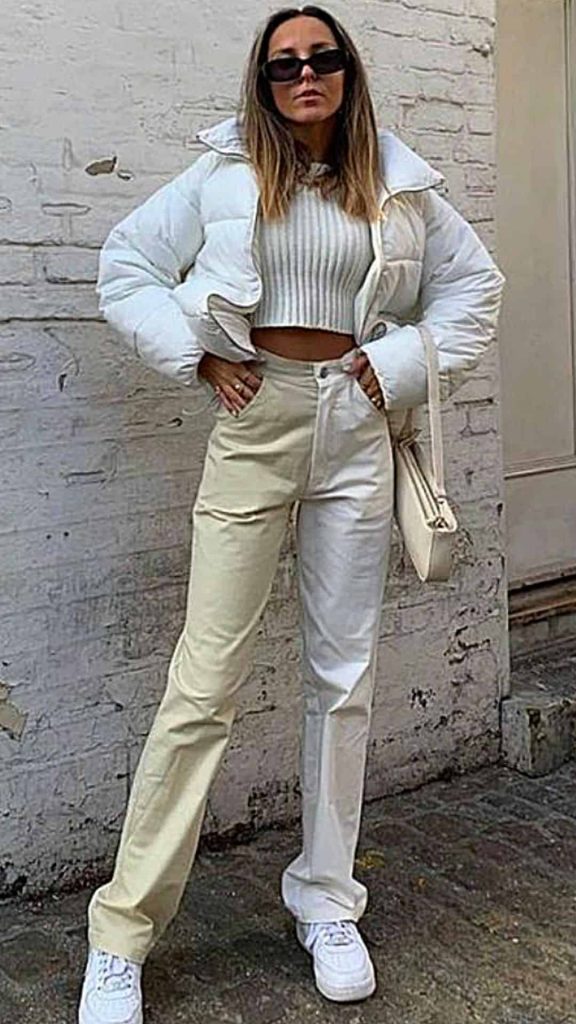 puffer jacket cream jeans winter