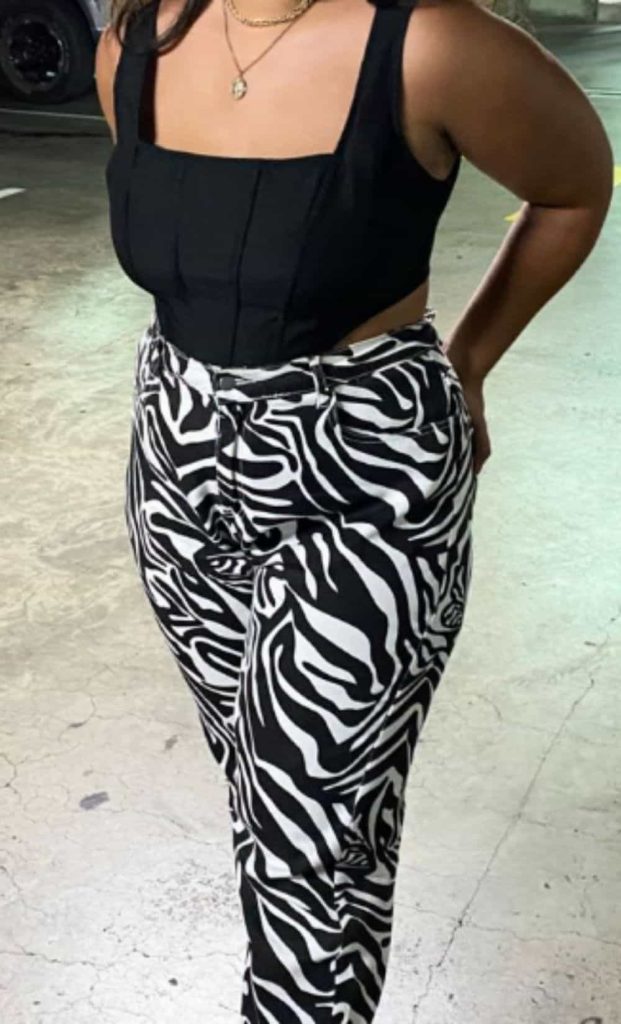corset top and zebra pants outfit