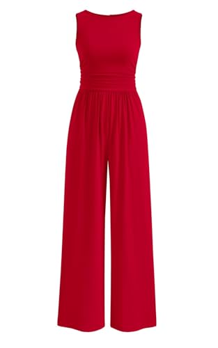 PRETTYGARDEN One Piece Jumpsuits for Women Dressy Casual Sleeveless Crewneck Wide Leg Rompers Jumpers 2025 Vacation Summer Outfits(Red, L)