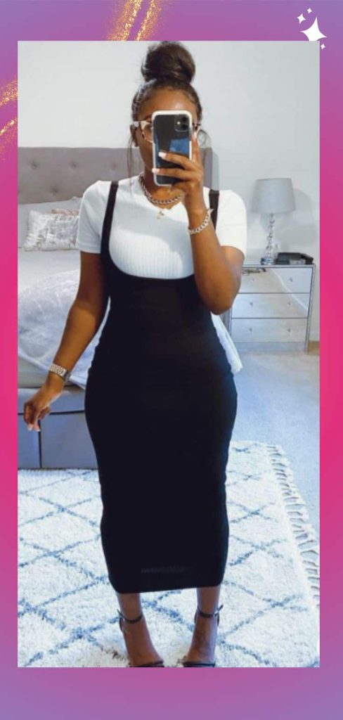 black pinafore overall dress for broad shoulder