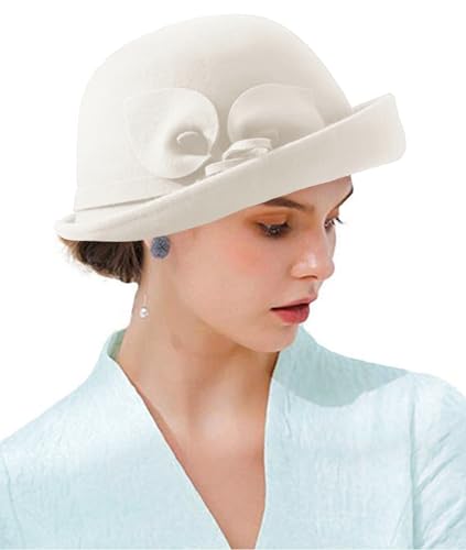 ORIDOOR Women Vintage Wool Felt Flowers Bucket Cloche Bowler Hat Church Wedding Dress Fascinator Hat Winter Felt Fedoras 012 White One Size