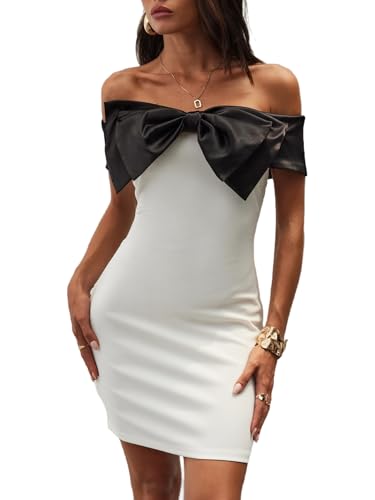 Floerns Women's Off Shoulder Short Sleeve Mini Dress Bow Front Bodycon Dresses White Large