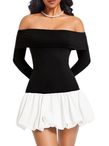 ChiaoLezhee Drop Waist Bubble Dress, Off Shoulder Mini Dresses for Women, Going Out Date Night, Homecoming Party Long Sleeve,Black White,Large