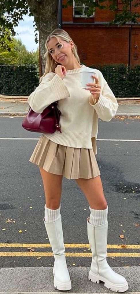 short pleated skirt winter white monotone outfit