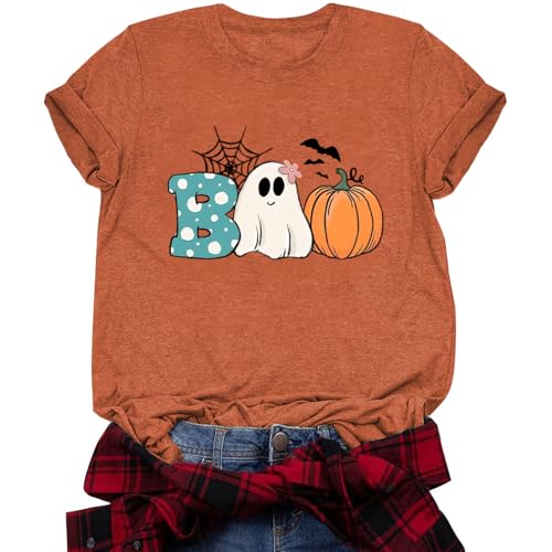 Funny Halloween Shirts for Women Cute Boo Ghost Cobweb Pumpkin Graphic Tee Shirt