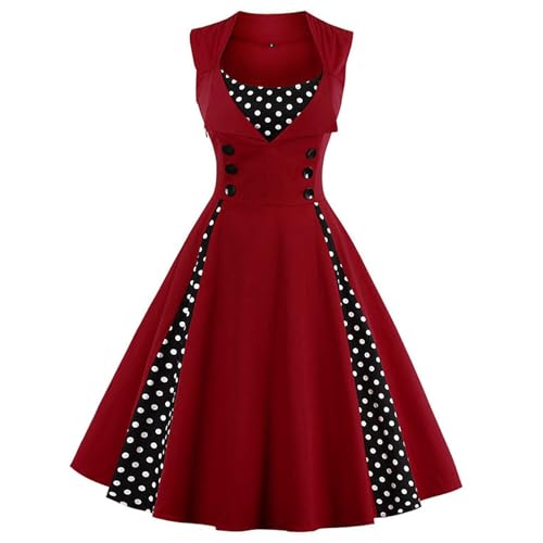 KILLREAL Women s Vintage Polka Dot Print A-Line Sleeveless Cocktail Party Casual Dress Wine Red Large