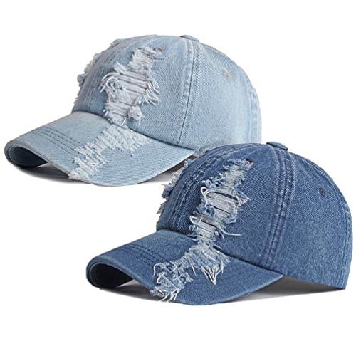 Vintage Washed Denim Distressed Dad Hats Adjustable Baseball Caps for Men Women (B-Blue+Dark Blue)