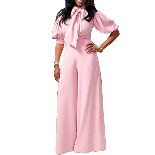 VERWIN Plain Dressy Full Length Bowknot Women's Jumpsuit High Waist Woman Romper M Pink