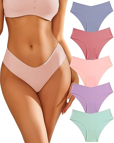 Women s Seamless Underwear Soft Stretch Briefs Invisibles Hipster V Cut cheeky No Show Bikini Panties 5 pack XS-L (M)