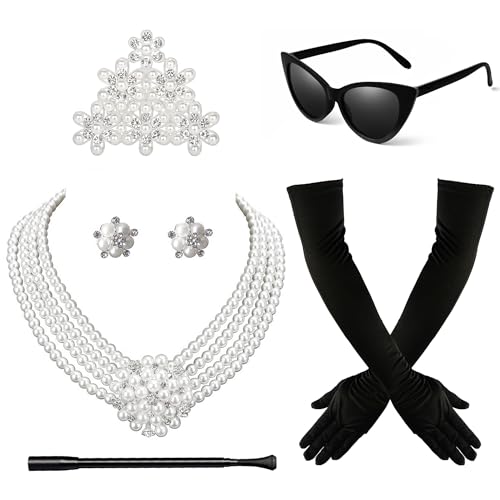 Zivyes Audrey Hepburn Costume Breakfast at Tiffany's Decorations 1920s Accessories Vintage Sunglasses Comb Necklace Earrings