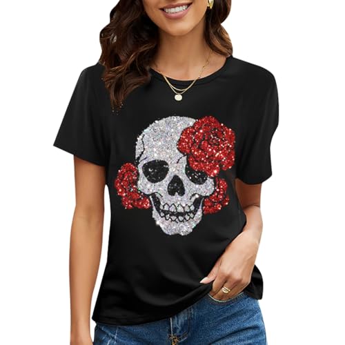 PESION Sequin Skull Floral Short Sleeves Tops for Women Funny Skeletons Roses Graphic Shirt Casual Vacation Tops, Black+ Red Skull, Small