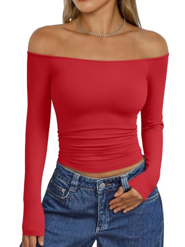 Trendy Queen Womens Long Sleeve Off The Shoulder Tops Going Out Basic T Shirts Cute Sexy Crop Boat Neck Y2K Fall Fashion 2025 Outfits Clothes Red M