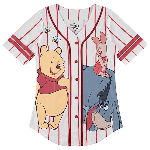 Disney Ladies Pooh Baseball Jersey - Vintage Winnie The Pooh Mesh Button Down Baseball Jersey - Winnie, Eeyore, Piglet Jersey (White Red, Medium)
