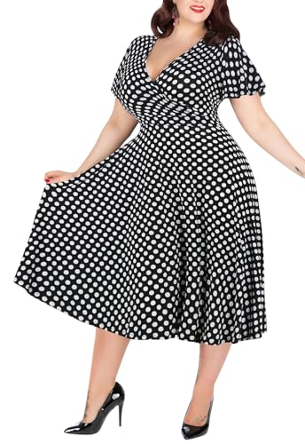 Nemidor Plus Size Dresses for Curvy Women Casual Summer V Neck Short Sleeve Midi Cocktail Vintage Dress with Pocket(073,22,Black Dot)