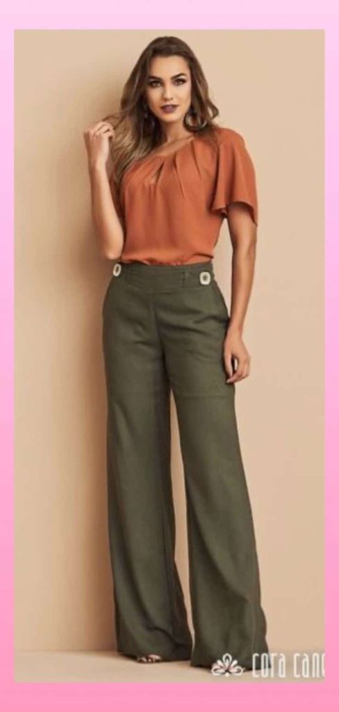 brown top and emerald green pants