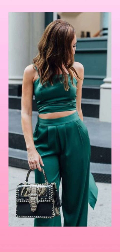 monochrome emerald green pants outfit