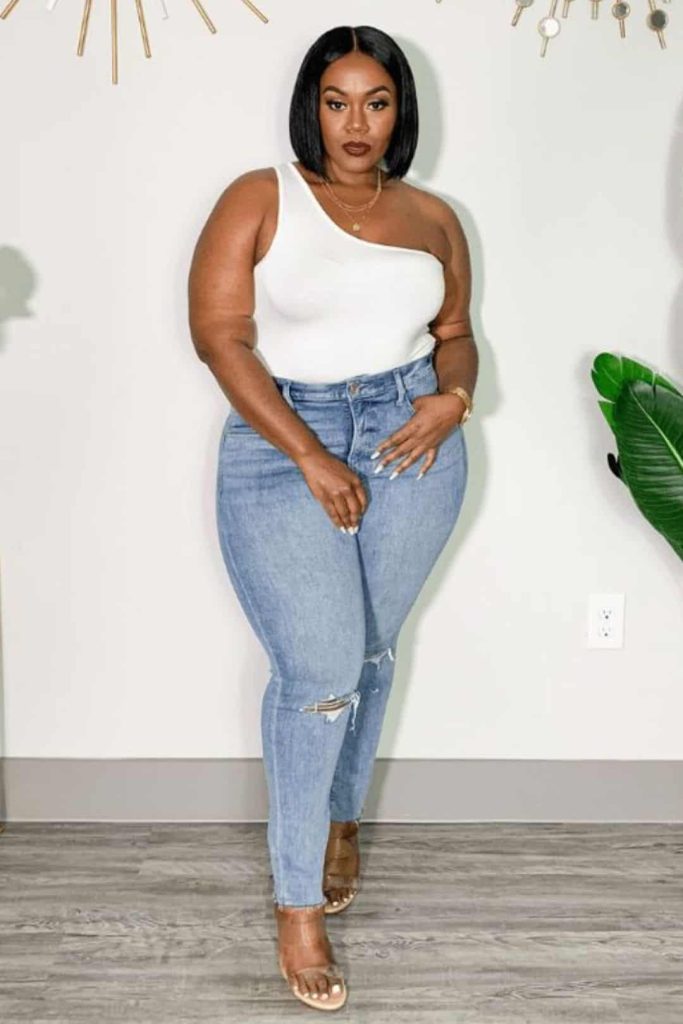 black woman plus size one shoulder clear heels