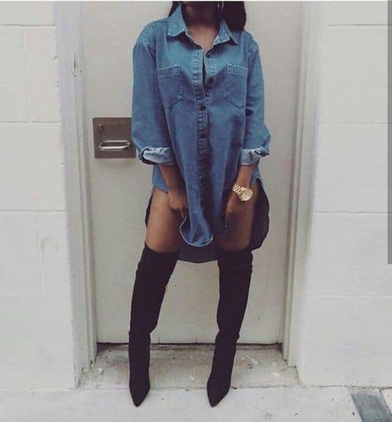 denim shirt and overknee boots