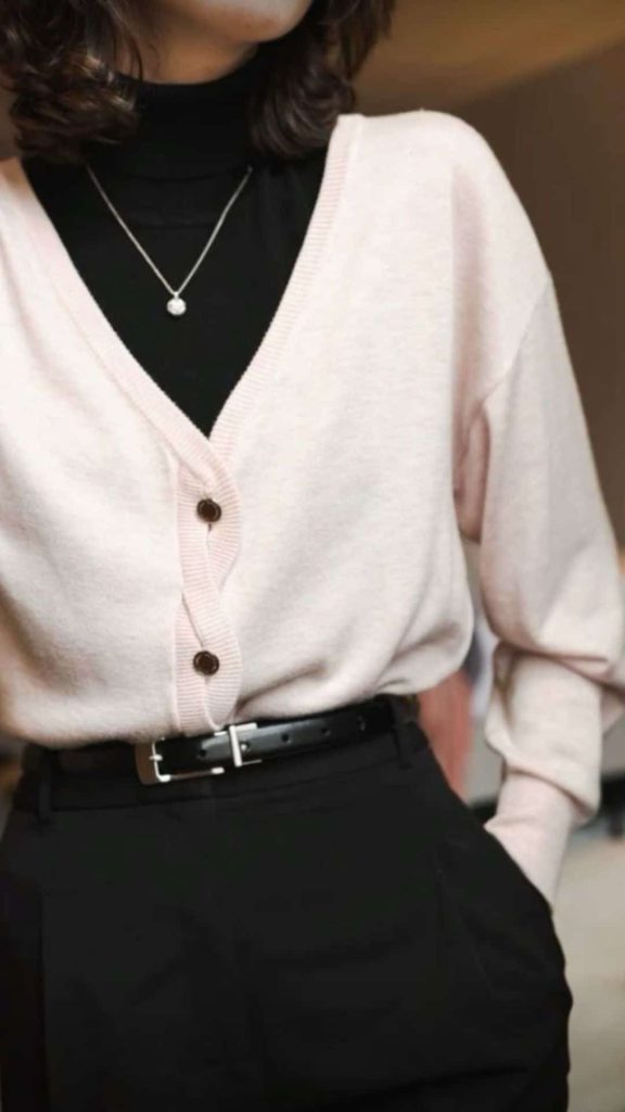 high neck top and cardigan