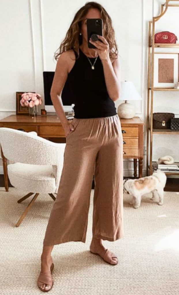 black top brown linen pants outfit