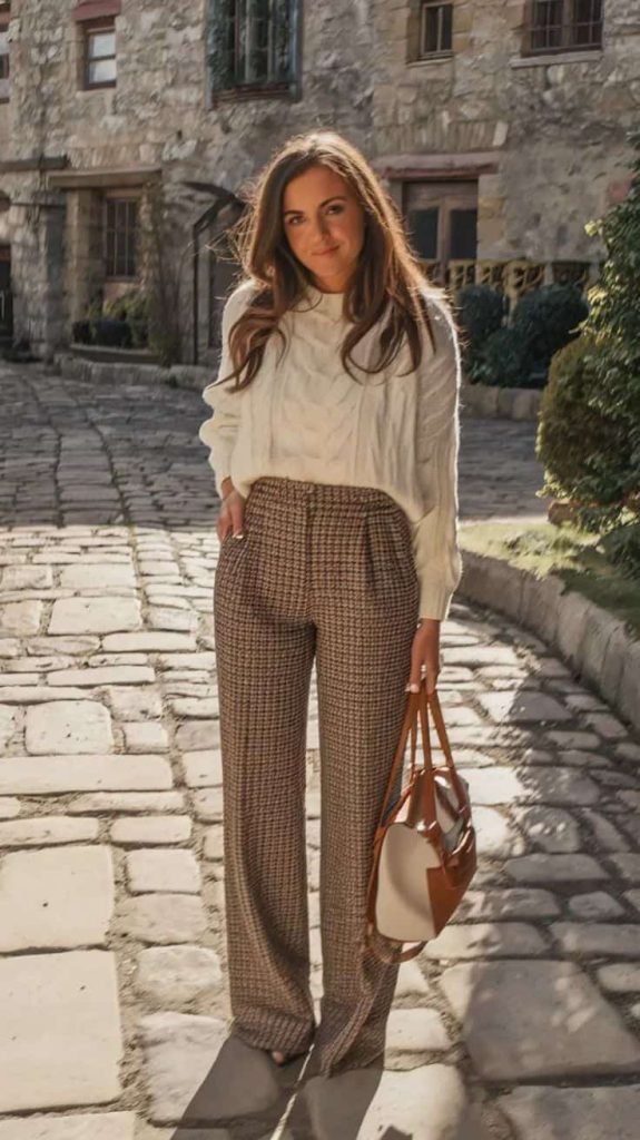 brown houndstooth pants outfit