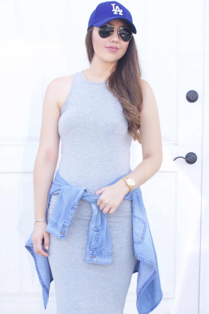 grey bodycon dress with baseball cap