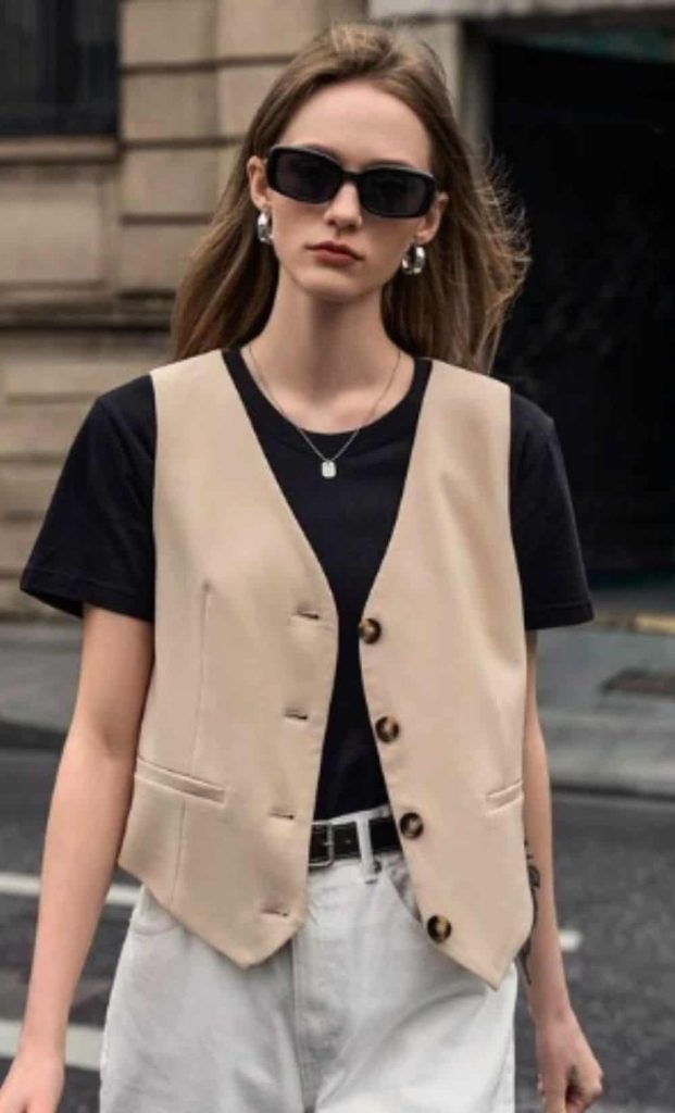 black tee and waistcoat