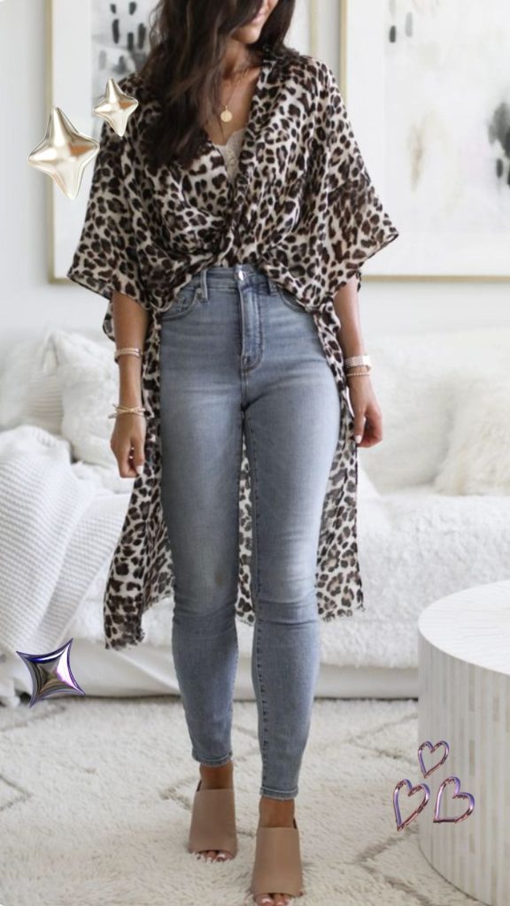 leopard kimono and jeans outfits