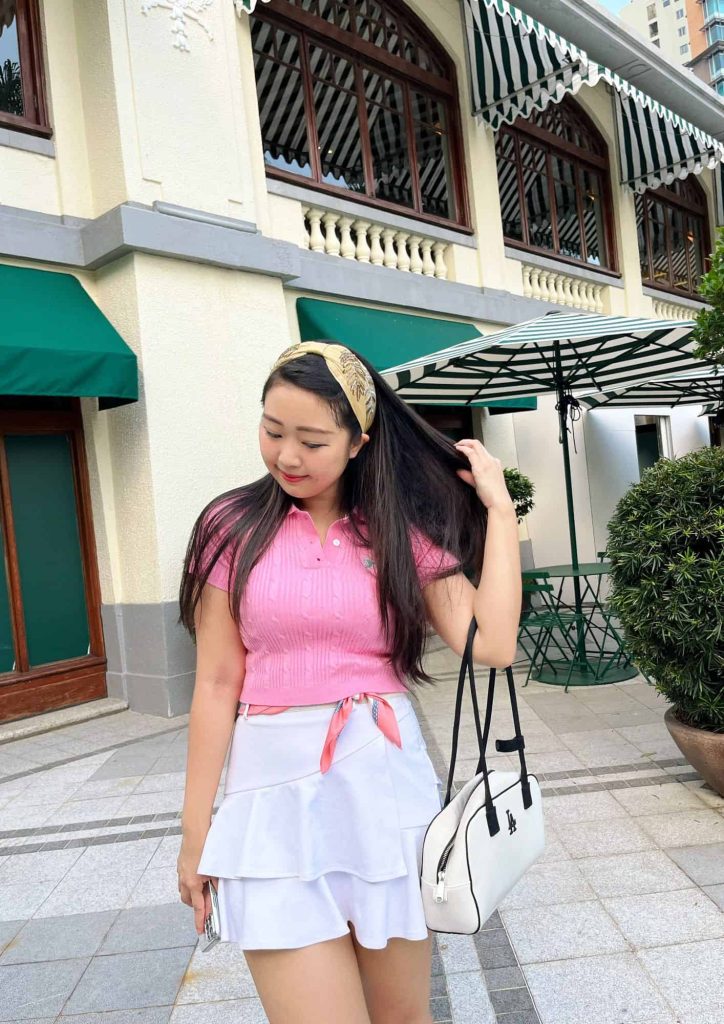 pink polo white skirt outfit