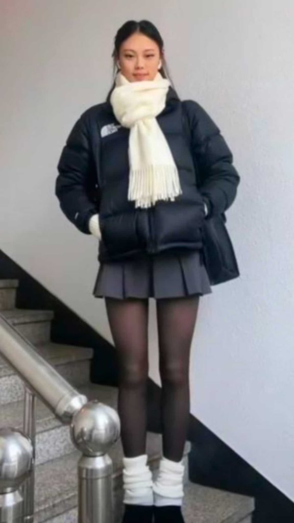 North face jacket and pleated skirt