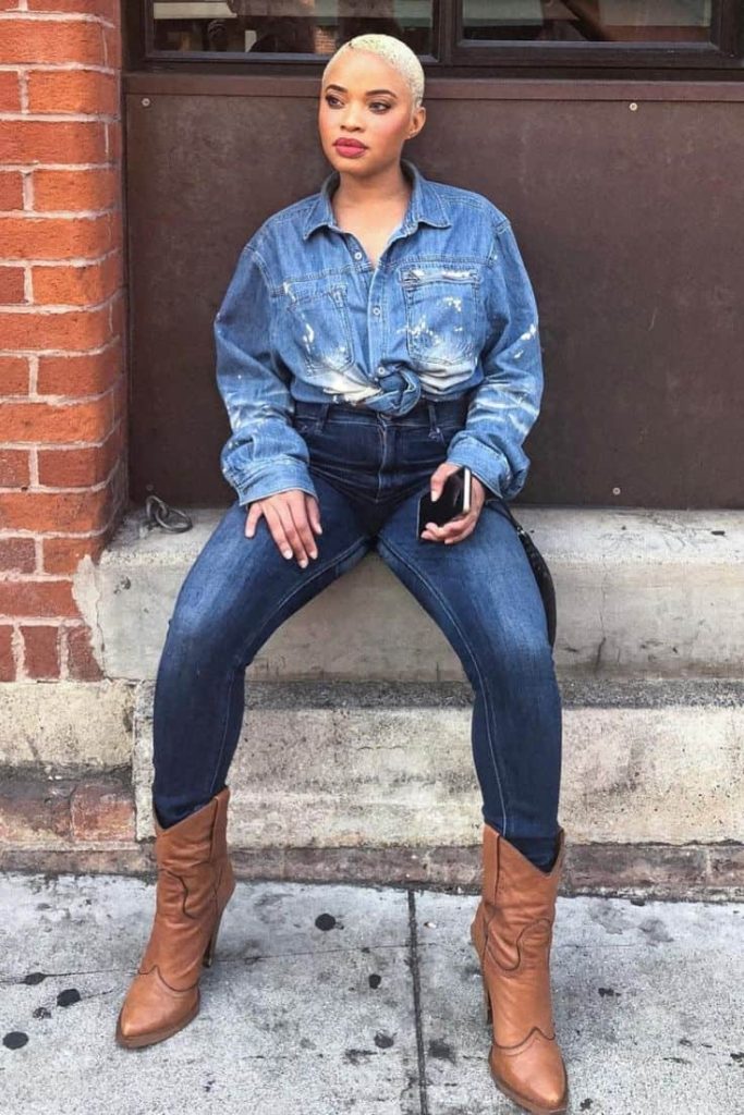bald head denim shirt women
