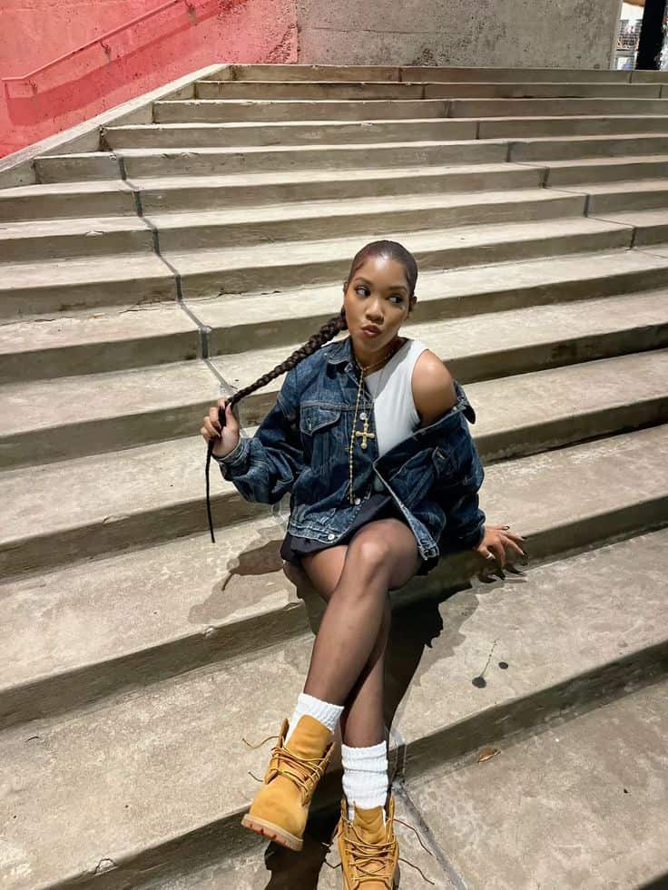 white socks and timberland boots