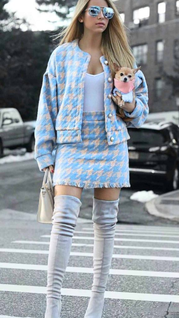 tweed jacket and thigh high boots