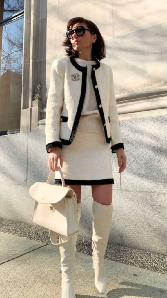 tweed jacket and thigh boots