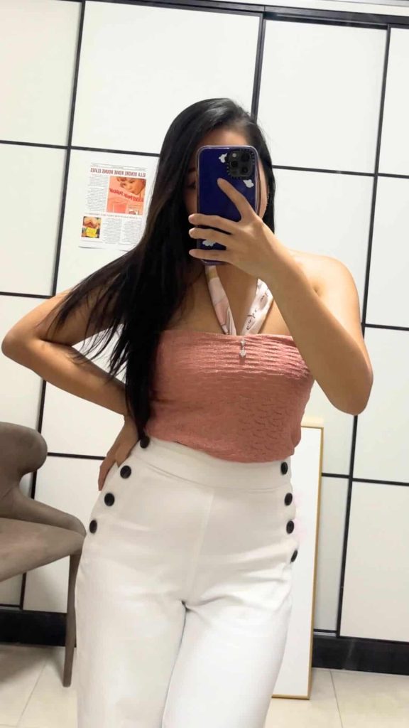 halter neck pink top white jeans