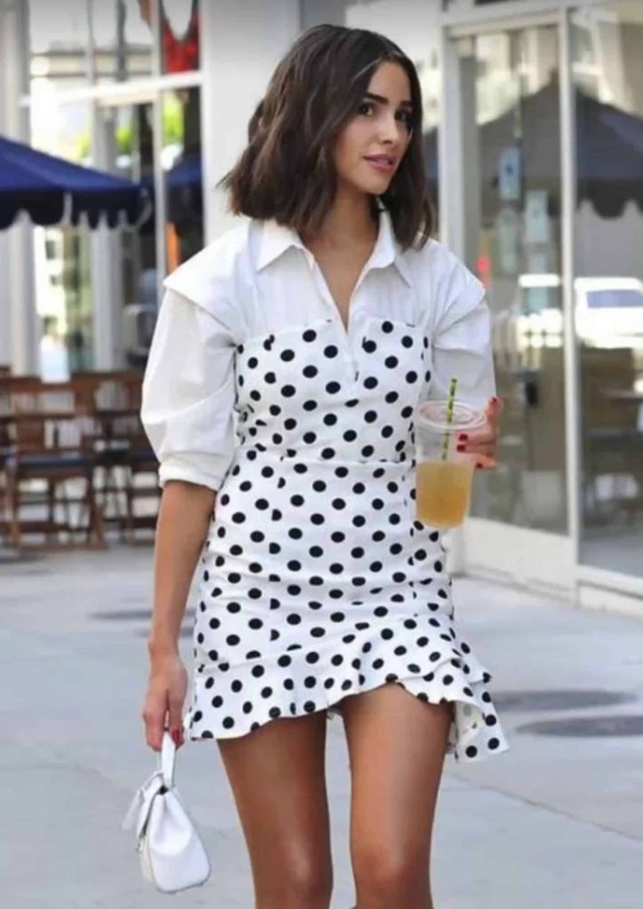 polka dot dress and white shirt