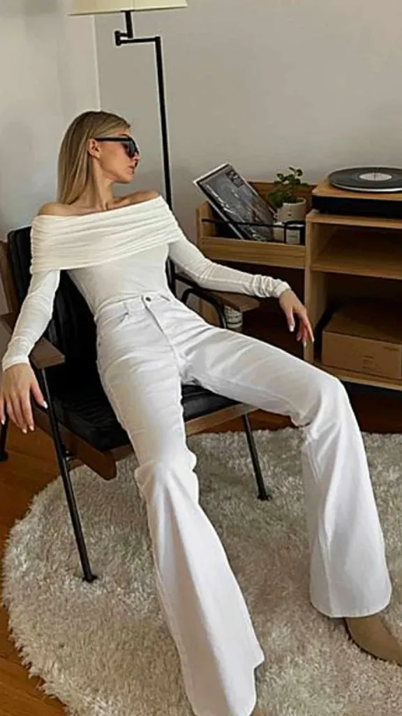 off shoulder top cream flared jeans