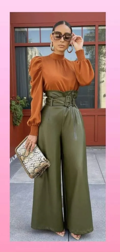 brown top and emerald green pants