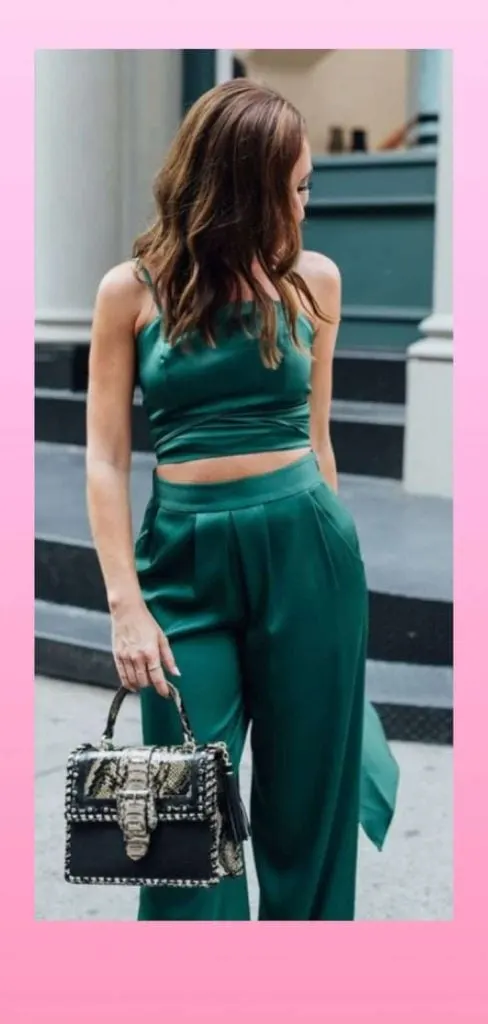 monochrome emerald green pants outfit