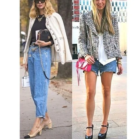 how to wear Chanel style tweed jacket, how to wear tweed coat with jeans women