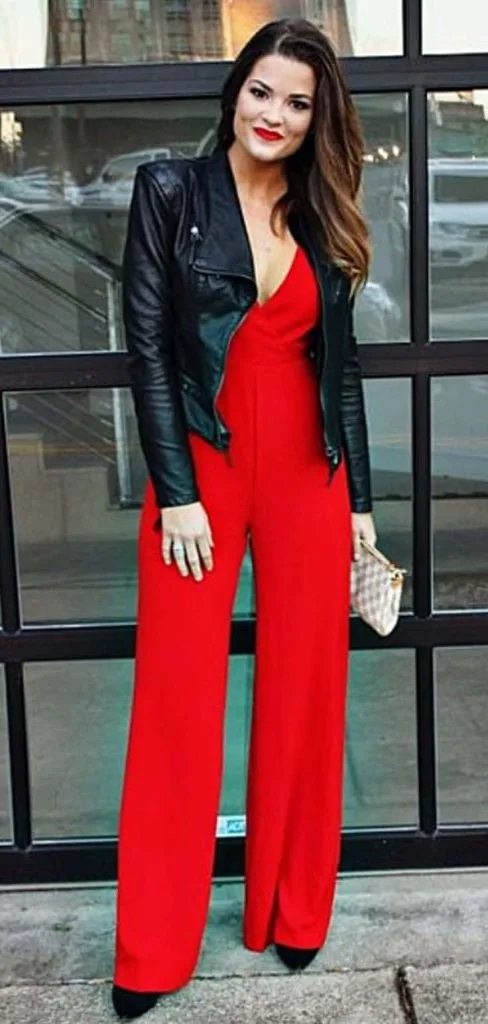 biker jacket and red jumpsuit