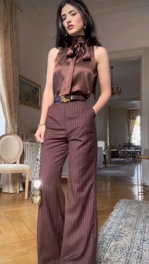 monochrome brown top and pants