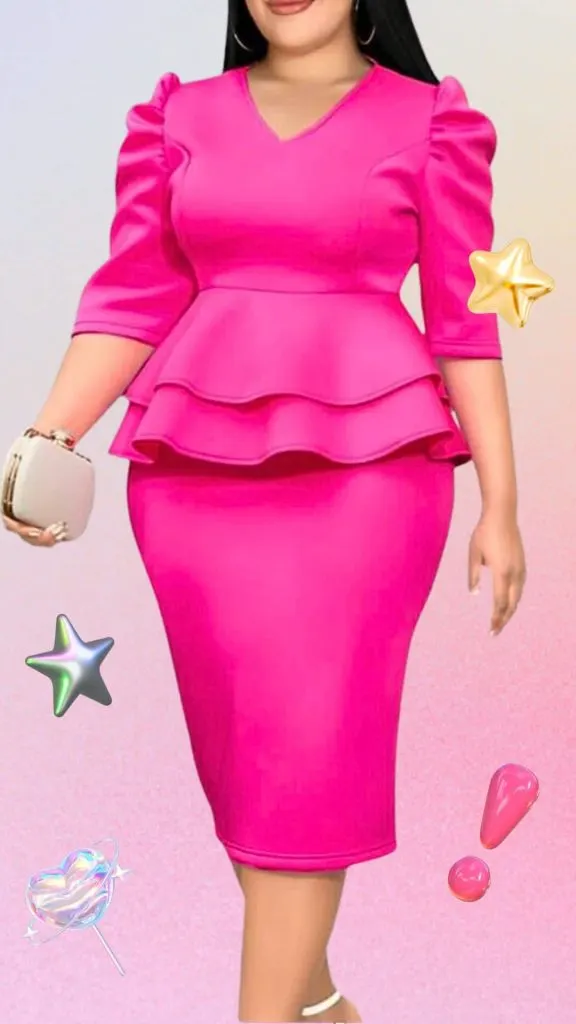 PLUS SIZE pink puffy sleeve peplum dress