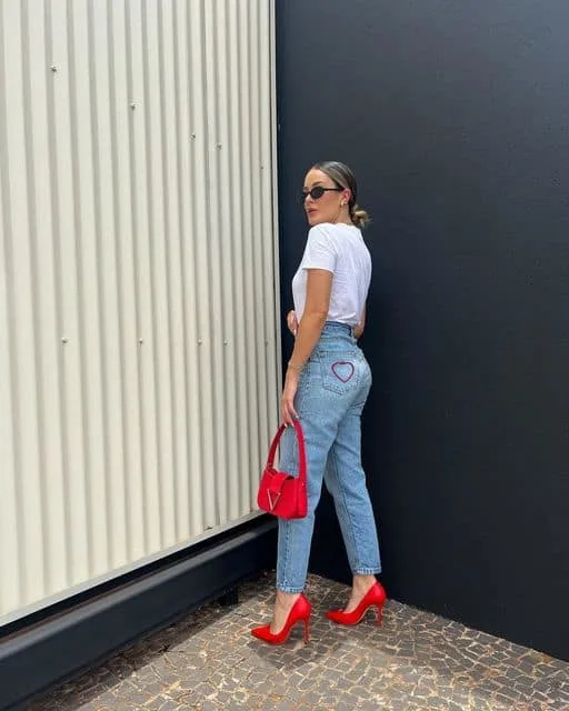 white tee and red heels
