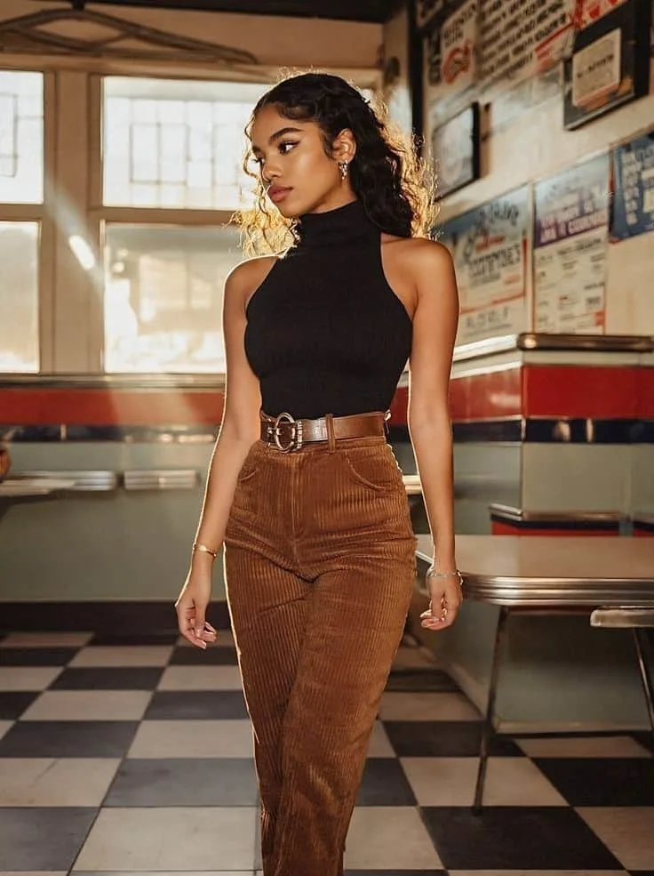 turtleneck top and brown pants