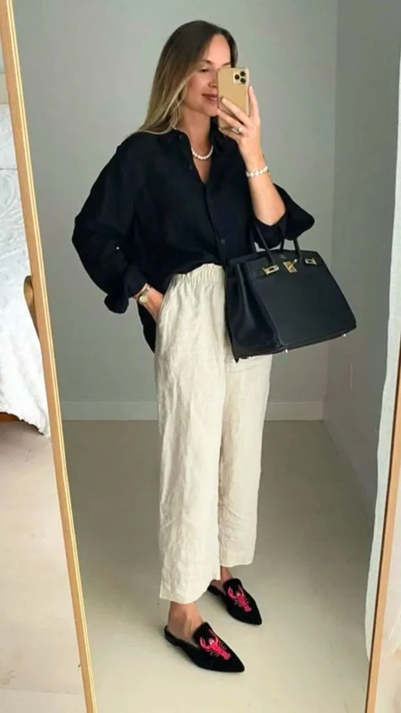 black shirt and linen pants workwear