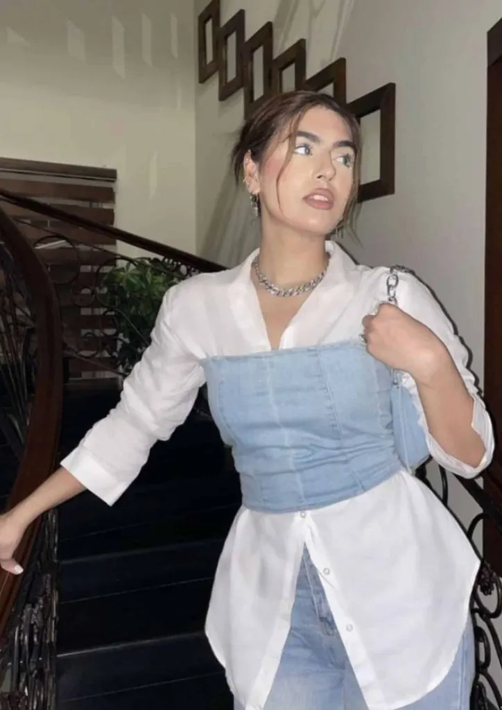 denim tube top and white shirt